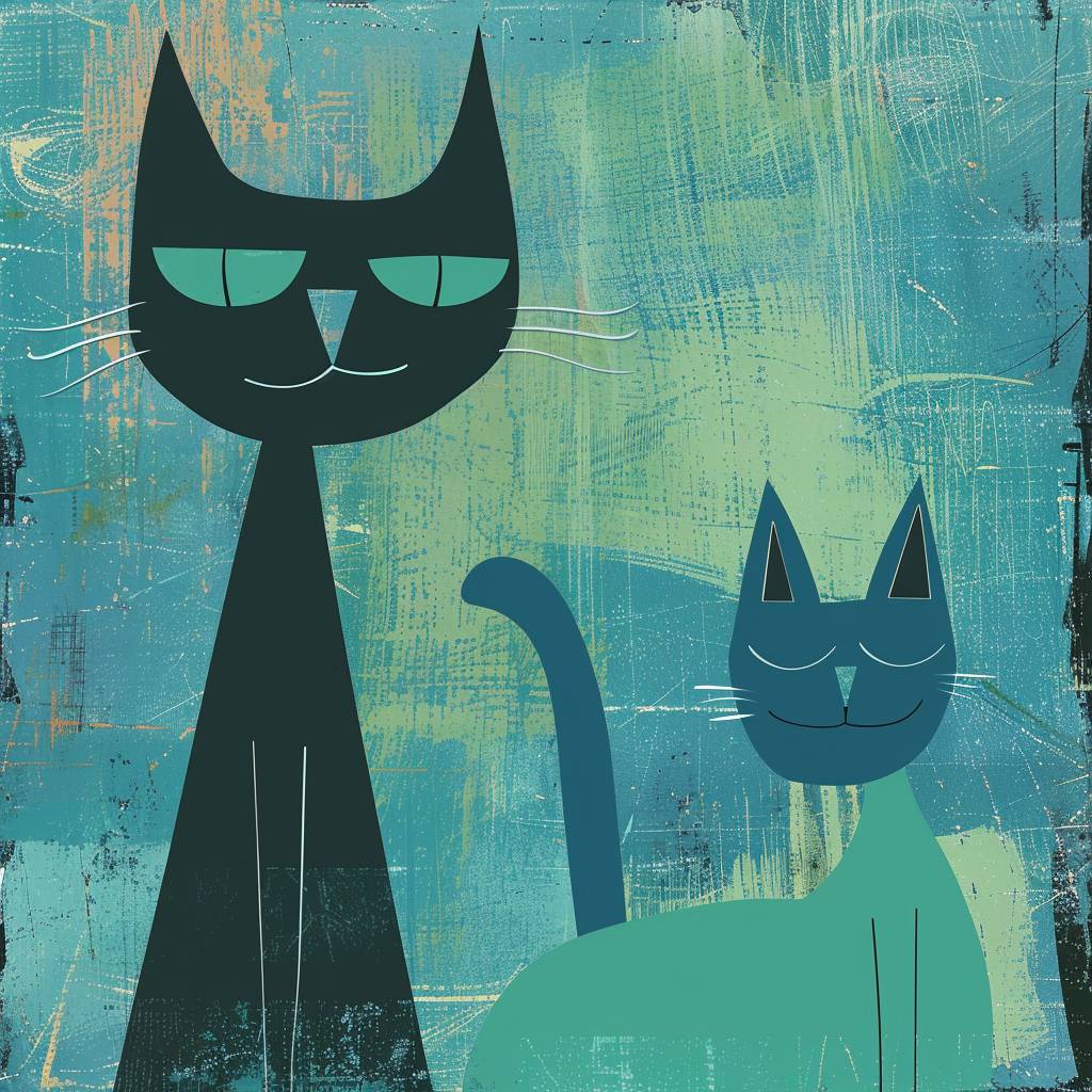 平和で幸せな2匹の猫のイメージ、エレガントなディテール、青緑色のテクスチャモチーフの背景、フラットなイメージ、シンプルな形、壮大な構図、フラットなベクターアート