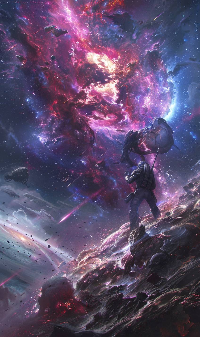 In the style of Emmanuel Shiu, cosmic battle among the stars
