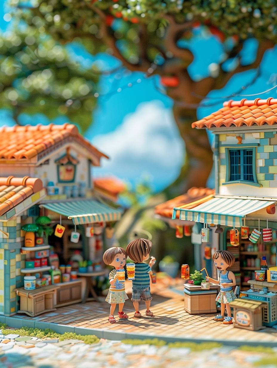 3Dミニチュアシーン、夏、田舎、瓦屋根の家と小さな店、大きな木の下には整然と並べられた商品、子供たちがソーダを飲み、アイスキャンデーを食べ、楽しくおしゃべりして笑っている。鮮やかな色彩、大胆なカラースキーム、空が背景となっているミニチュア風景、夢幻的なリアリズムスタイルのシーンは、広角レンズと被写界深度を利用して描かれ、軸移動写真効果と超クリアな詳細を持つ紙アートイラストレーションスタイルを作り出しています。色彩が鮮やかで、カラースキームが大胆で、前景がぼんやりしている--果樹なし --ar 3:4 --stylize 250  --v 6.0