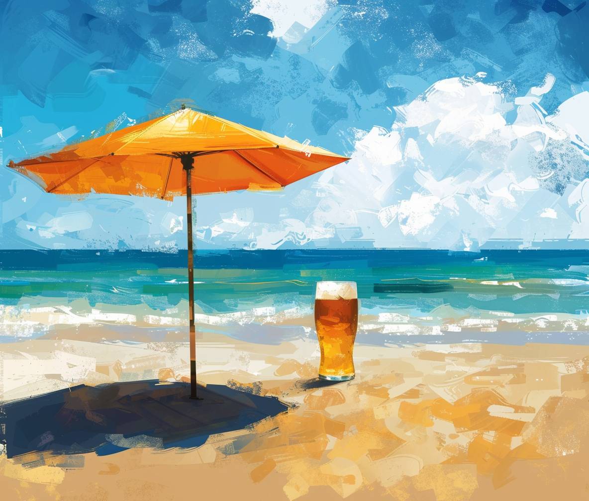 砂浜に刺さった日傘とビーチビュー、日傘の影に冷たいビールがあり、アートスタイル、Tシャツデザイン