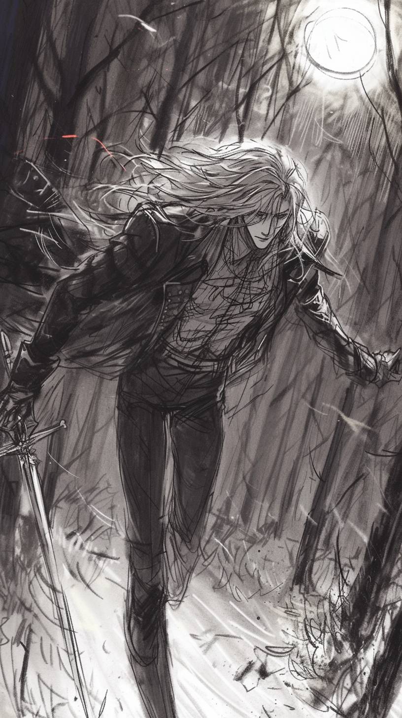 Alucard flying with his magic sword over a forest at night with full moon rising