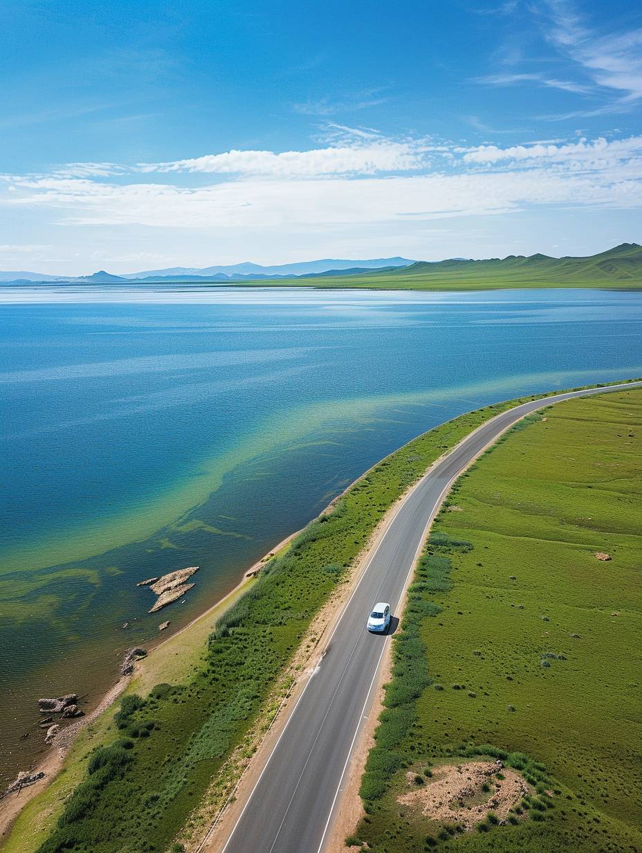 An aerial view of the vast expanse of Qinghai Lake, with an endless sea and green grassland stretching to the horizon. A white car is driving on the road leading towards the lake, creating a serene scene. The blue sky above contrasts beautifully against the deep oceanlike water below. This picturesque landscape captures the essence of nature's beauty in stunning detail in the style of the artist.
