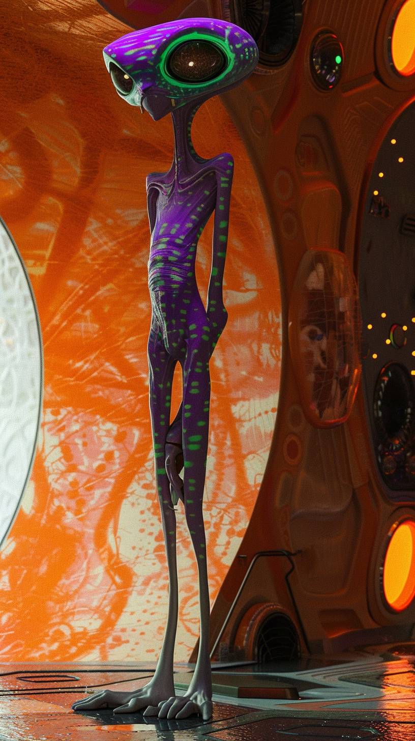 紫色の肌に霓虹緑の斑点がある背の高い宇宙人、長い脚と腕を持つ長身、大きな目、白髪、オレンジ色だけのサイファイルームの中にいます。高解像度、超詳細、超リアル