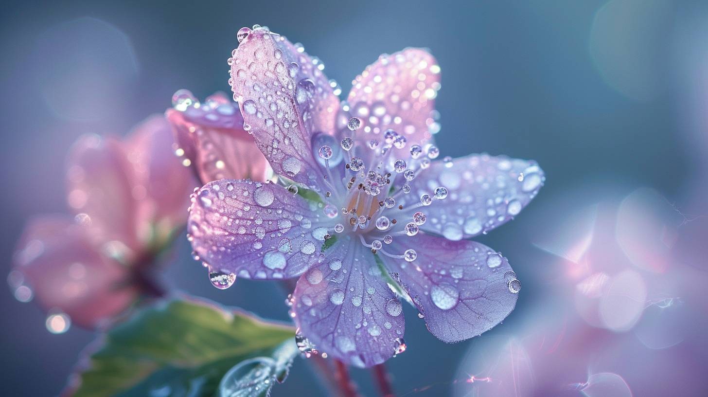 Photorealistic image, macro photography, 105mm lens, delicate petals covered in morning dew, beautiful flower, nature, spring