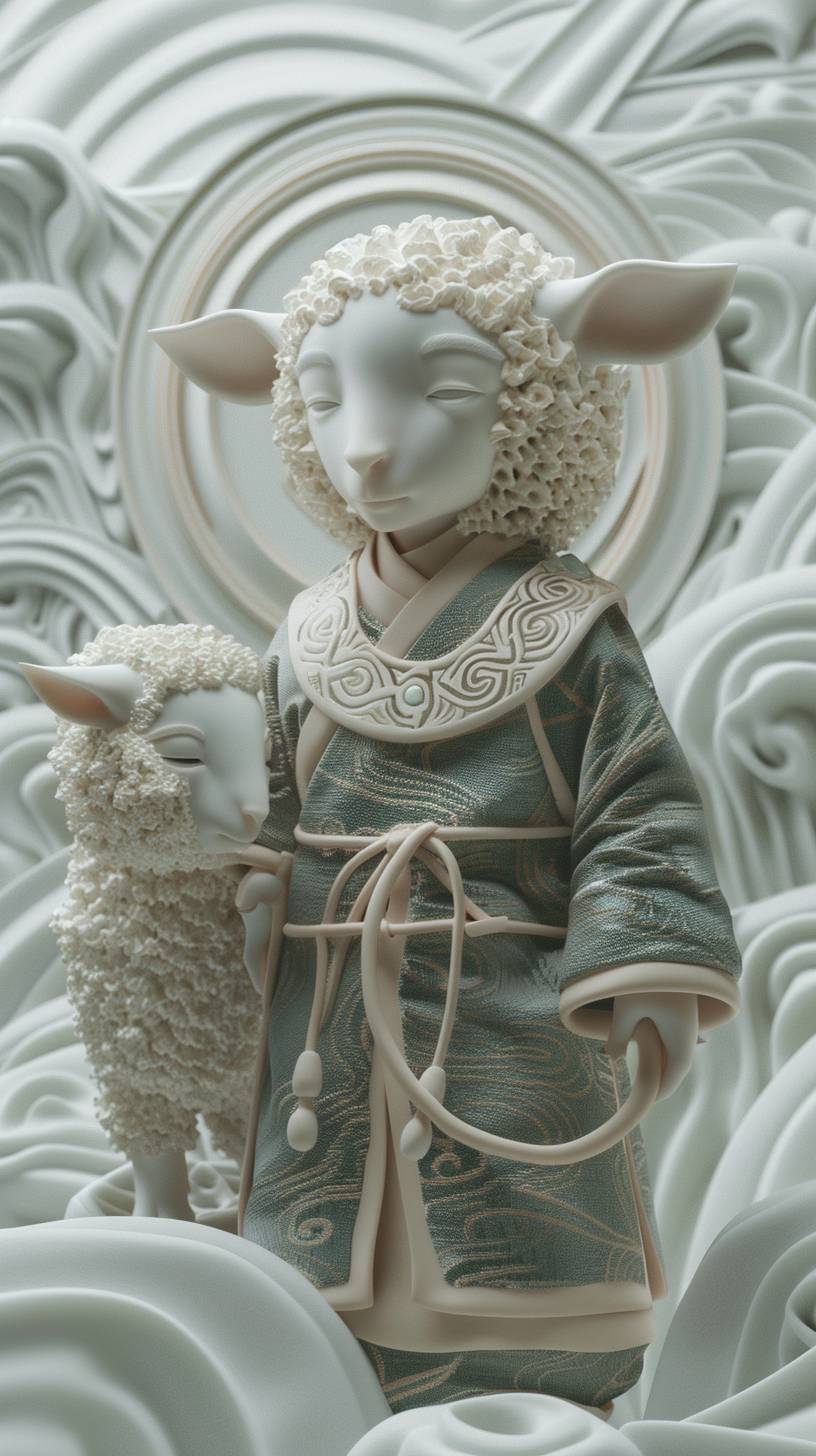 『山海経』の伝説、白い羊かわいい小さな羊、砂色の中国漢服を着た3Dジオメトリック、クローズアップ。ジェームズ・タレル、ザハ、バックグラウンド、ミニマルなコンテンポラリーアート。シュールレアリズム。ビッグアイ、ポップマート中国文化、zBrush、全身肖像。