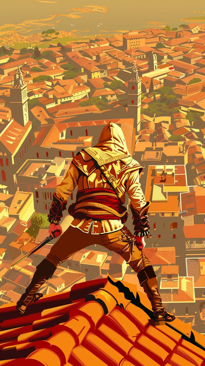 Bird's eye view of a female assassin on top of a medieval cathedral in Cordoba, Spain, watching the city, experiencing vertigo, cinematic realism, and 3D illusion