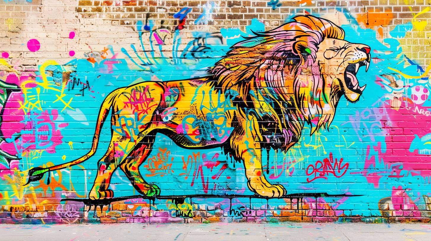 a modern graffitti wall art depicting a roaring lion in dynamic pose, roaring, picturesque setting.