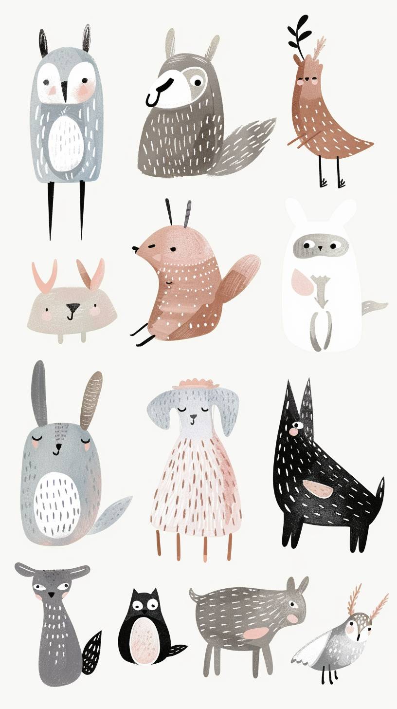 Cute animal cliparts, organic forms, in the style of Jon Klassen, desaturated light and airy pastel color palette, nursery art, white background