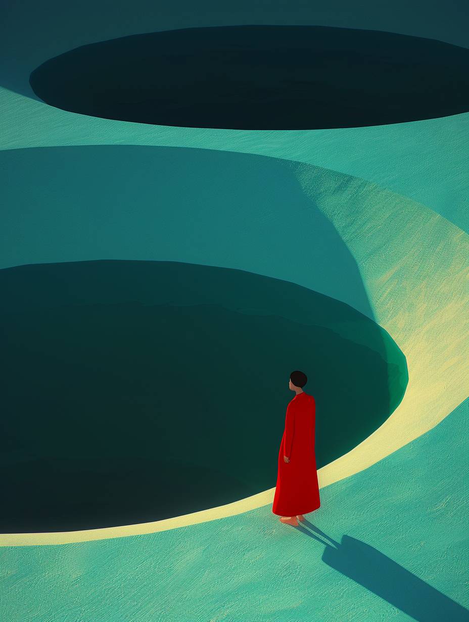 A lonely little girl stands on top of the blue waves, in the style of Iris van Herpen. The futuristic, hyper-realistic, surrealistic landscape has a dark navy background with a blue and yellow gradient color palette and golden hour lighting from a low-angle shot. The Octane render and 3D rendering are hyper-detailed and hyper-realistic with dramatic Octane rendering.