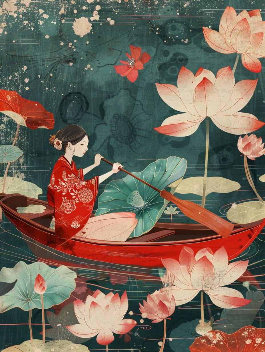 Illustrated female rowing a big red boat with lotus in her hands, in Japanese abstract style, in the style of Bauhaus, repeat photography, illustration for children's book, Angula Kai, delicate flower, historical illustration, I can't believe how beautiful this is, high detail, hyper quality, high resolution, HD, 16K