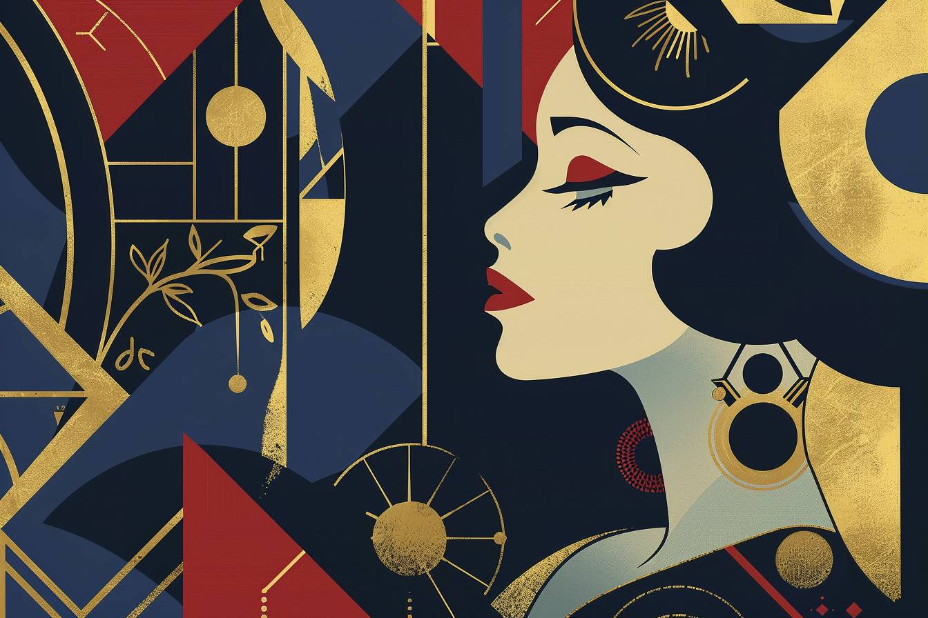 Gothic girl in Constructivist style, with gold and indigo geometric forms