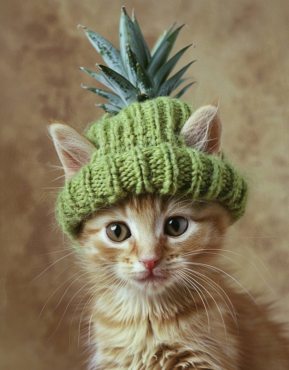 パイナップルの帽子をかぶった子猫