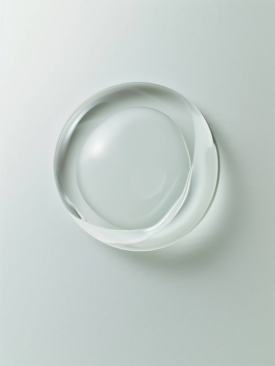 Top-view, a realistic photograph of a drop of colorless oil, photographed on a white surface, top view, zoomed out, studio photography, hard white flash