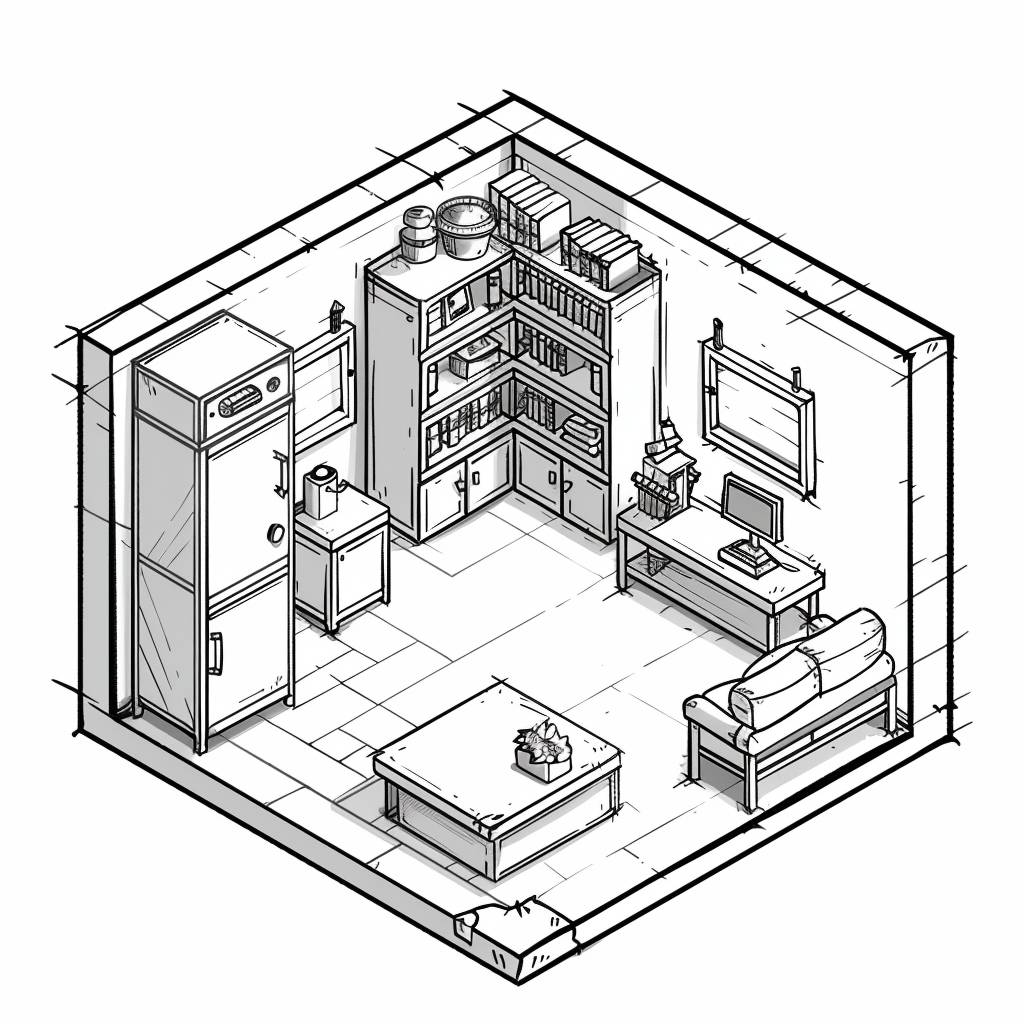 Black and white line art of an isometric room in the style of RPG maker, [description] with glowing [color element], simple design, white background, white [floor description]