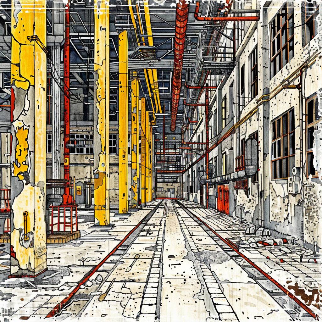 Abandoned factory, industrial decay, color highlights, monochrome, harsh angles, eerie, long shot --raw style --sref 4161044296 --p b1oftln --v 6.0