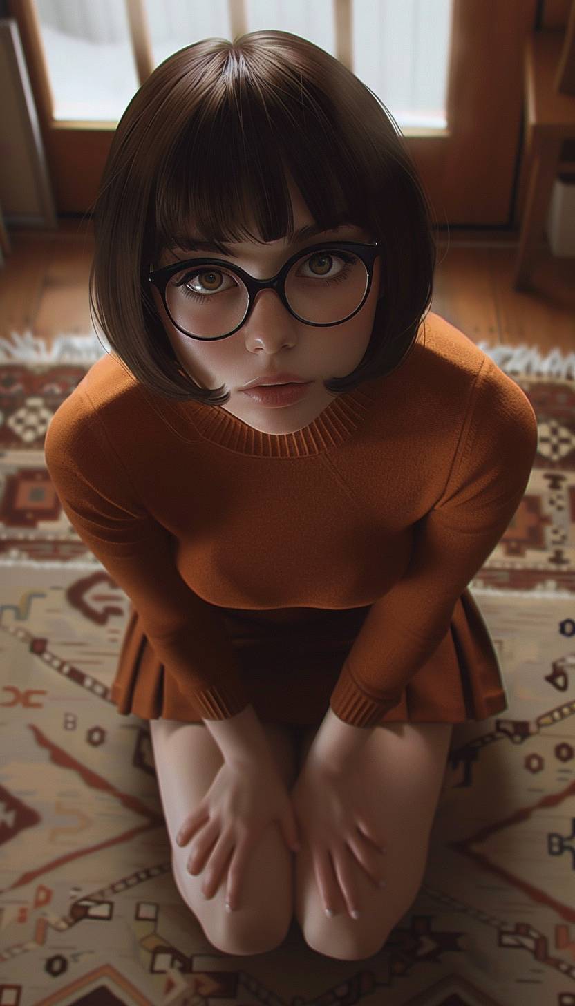 Extreme high angle shot of Velma Dinkley, on her knees, looking at the camera, wearing black glasses sweater and skirt, neutral face, anime style
