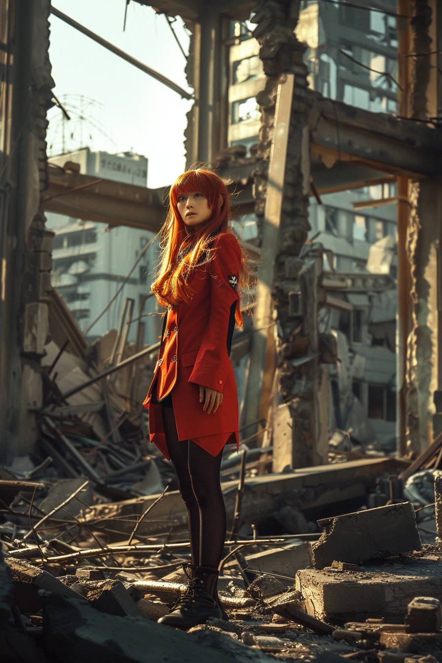 Realistic Asuka Soryu Langley in the ruins of a city