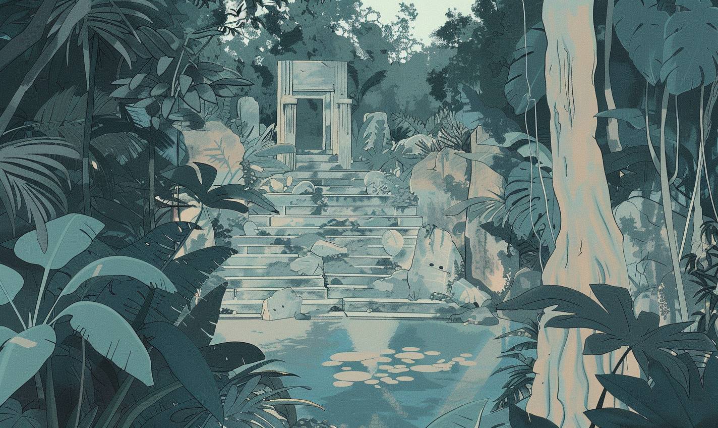 In the style of Harriet Lee-Merrion, jungle expedition with lost ruins