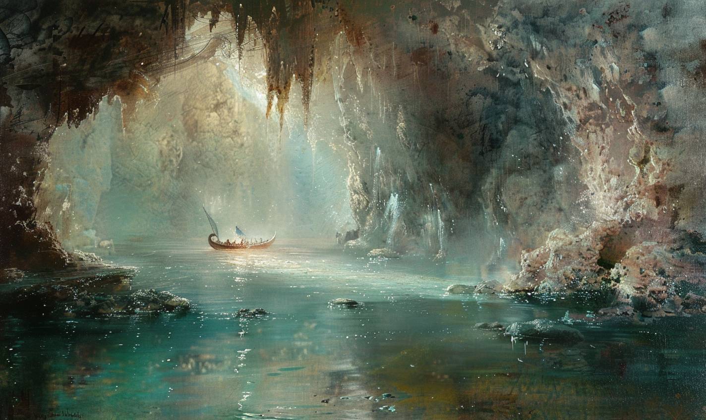 In style of Eugene Galien-Laloue,Underwater grotto with shimmering mermaids