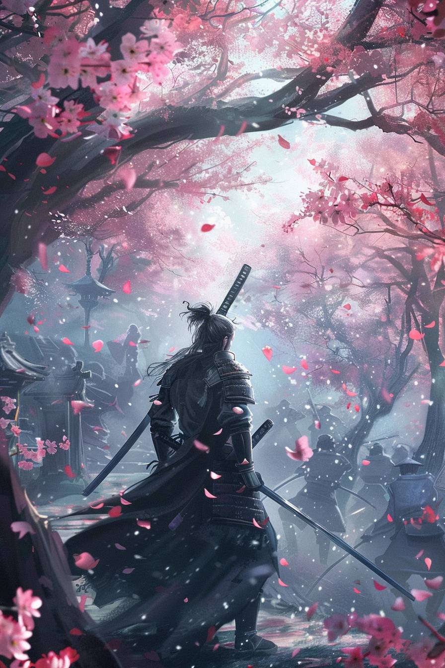 In the style of Makoto Shinkai, a samurai warrior honing skills under cherry blossoms