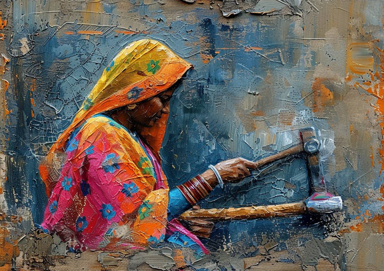 Dry brush painting on distressed canvas, Indian woman labourer, side profile, colourful sari, wielding a hammer, strong visual flow.