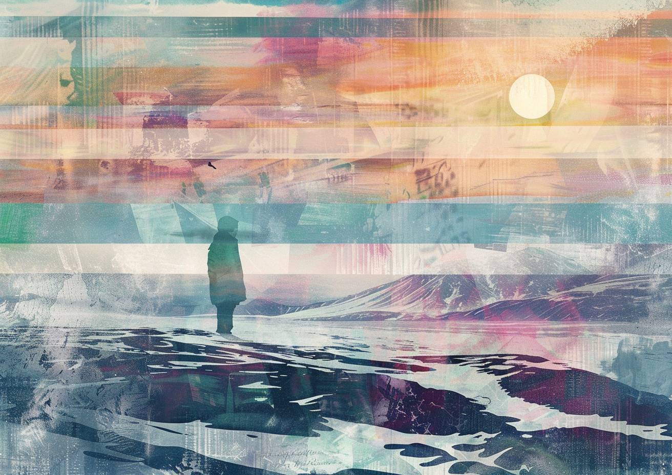 Abstract layered silkscreen print, an Inuit woman dances on the tundra under ethereal aurora nights, fragmented and distorted rectangles, large letters stencil overlay, low contrast palette, rough texture, flat image