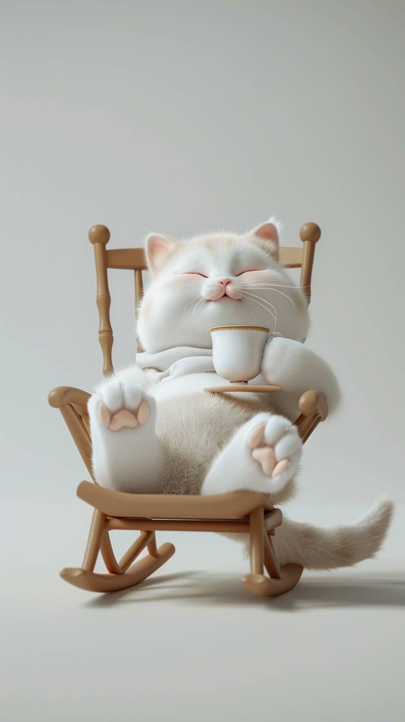 3D, cute chubby fluffy cat, contented expression, lying on the rocking chair, drinking hot tea, smooth white gradient background, cartoon style, minimalism, Canon camera, studio light