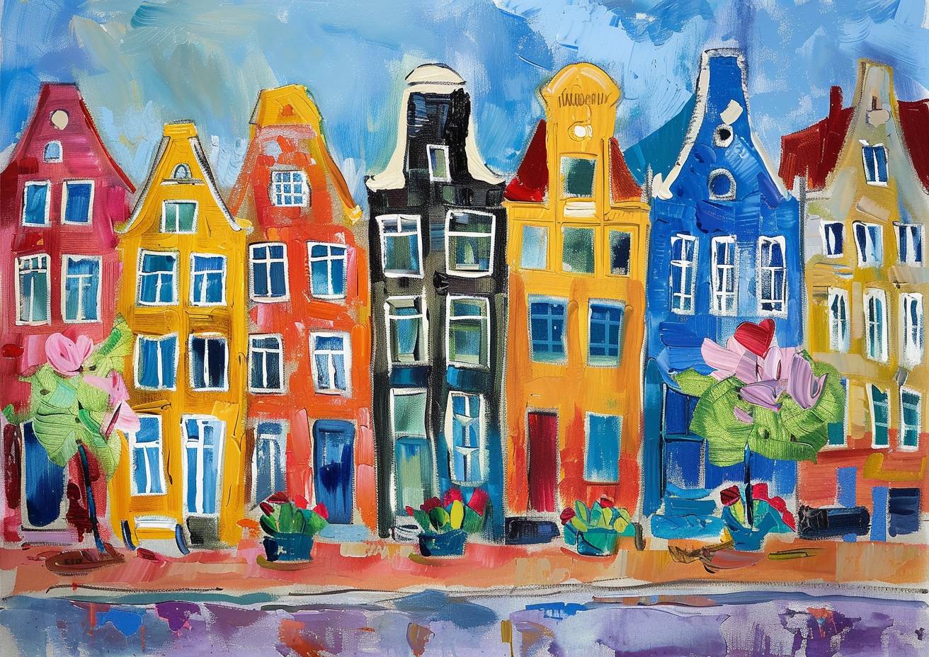 カラフルな影のスケッチ、アムステルダム、色鮮やかな連続した街並み、花々が咲く魅力的な通り、夏、イングランド、ソフィー・ブラッカルやモード・ルイス、シャガールによる驚くほど独創的で素晴らしい絵画、素晴らしい筆触、鋭い、ハイクオリティ、傑作、超鋭利