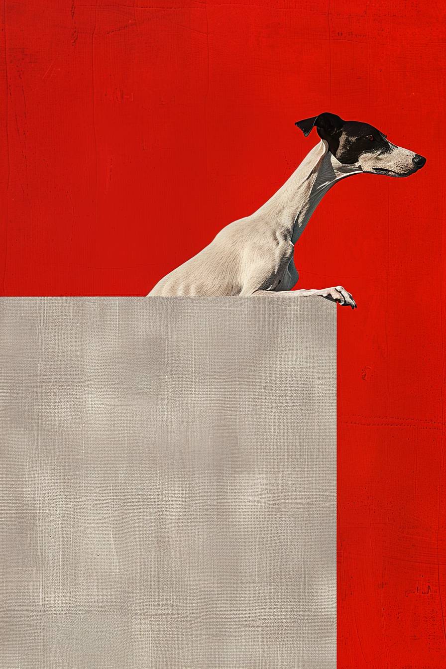 A minimalist illustration of an elegant white and tan greyhound standing on the top edge, leaning over a large blank canvas with a red background. The dog is shown in a profile view. It has long legs that convey motion. There's an air of elegance in its pose. A minimalist painting in the style of David Hockney depicting an empty box made from gray linen fabric. Light reflects off the surface of the soft textured material. In front, there is the head of one black greyhound, extending its paw to say hello.