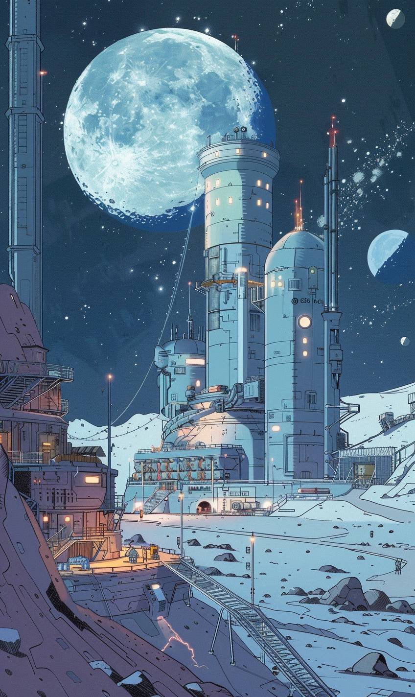 In the style of Chris Ware, a lunar colony with futuristic technology