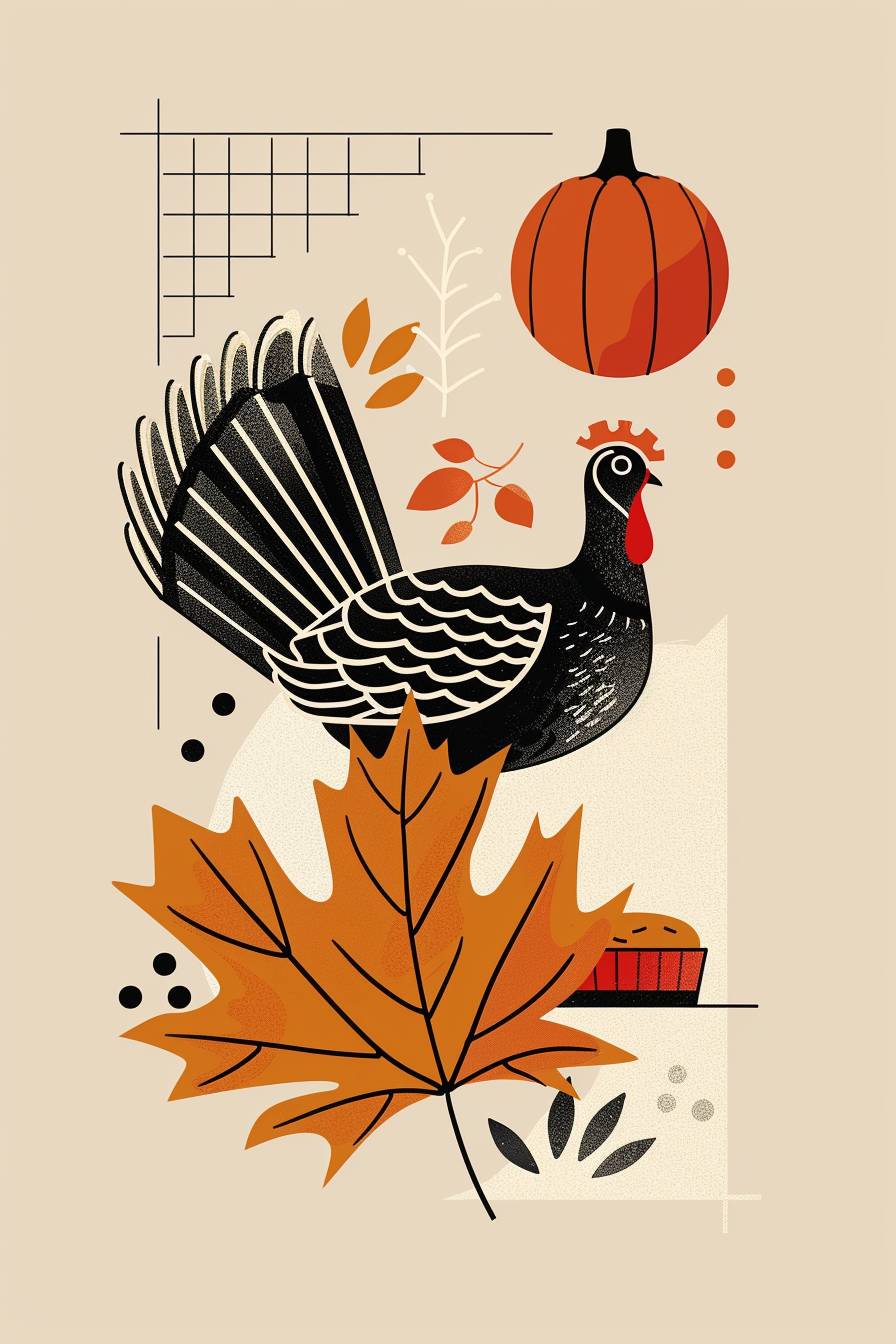 A minimalist line art poster featuring a turkey, maple leaf, and pie for Thanksgiving Day, with precise lines, geometric shapes, and a modern stylish design. Balanced composition, clean background with warm fall colors. Created using vector art techniques, CorelDRAW, influenced by Bauhaus, minimalist movement, thin line weights, HD quality, natural look.