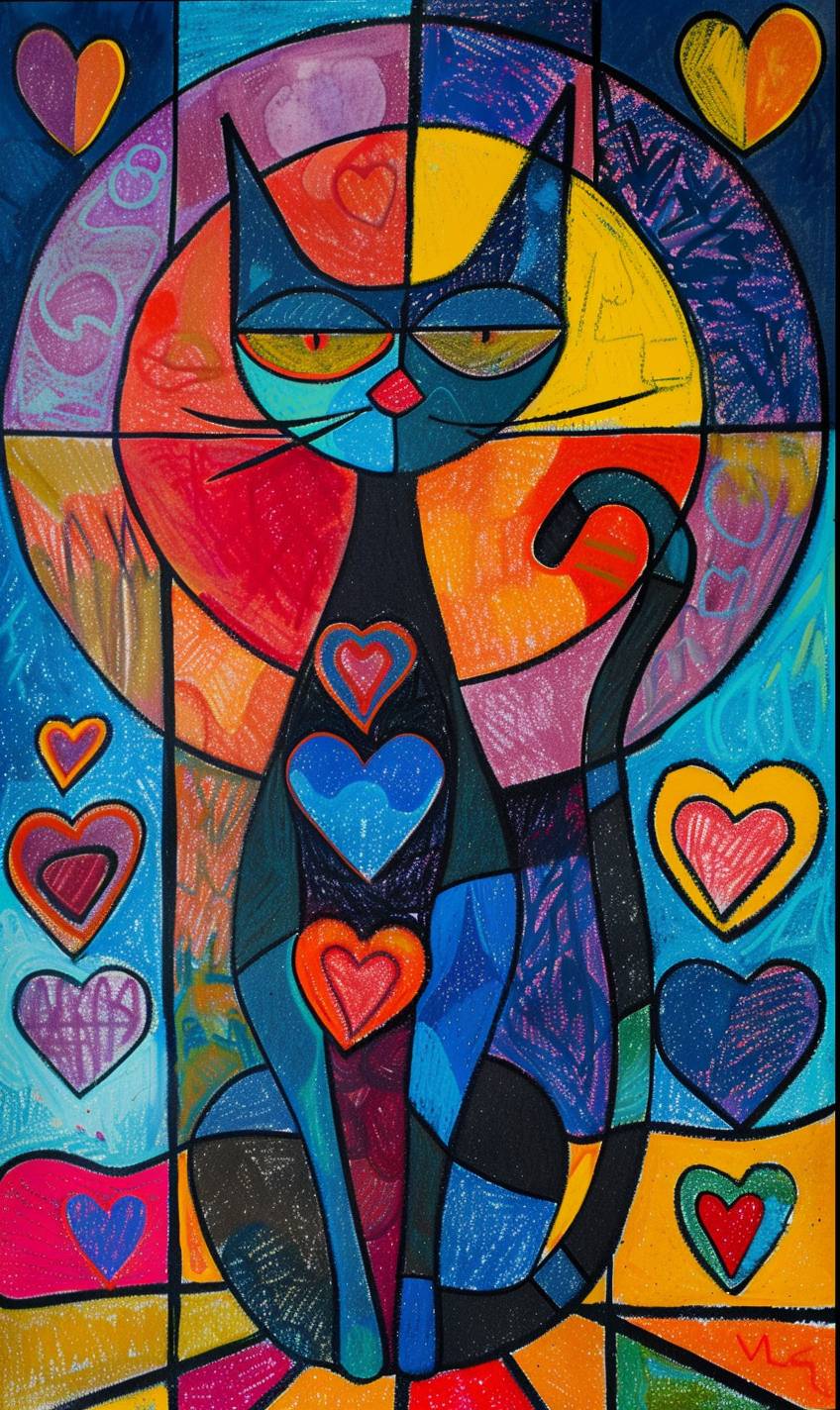 イツハック・ターカイのアートスタイルで、猫が登場するオイルパステルのホログラフィックシーンを用いたリソグラフ作品です。多くのハートのパターン、表と裏からの豊かな景色が描かれており、色ブロックはシンプルに表現され、超現実主義のスタイルで、明るくカラフルな色彩が主体です。絵画的でスケッチ風のフォーヴィスムで、マイラ・カールマンやマティス風のスタイルです。パラメータ情報はフィルタリングされています。