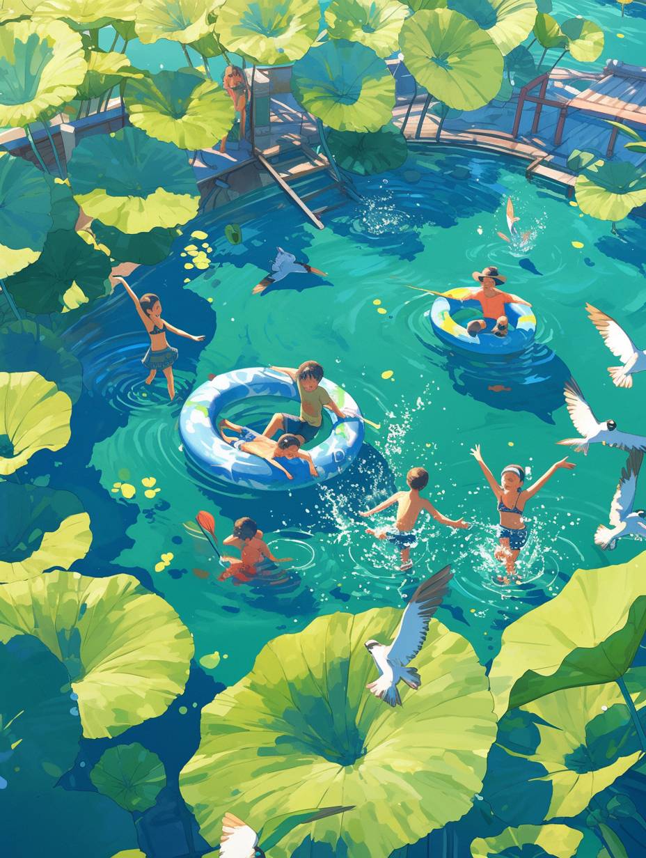In the summer season, several children are playing in the water, splashing water on each other, surrounded by huge linear green lotus leaves, and swallows are flying in the sky. The illustration is a flat illustration style, with green as the main color, a vibrant illustration scene, a Mobius ring composition, and a fisheye effect.