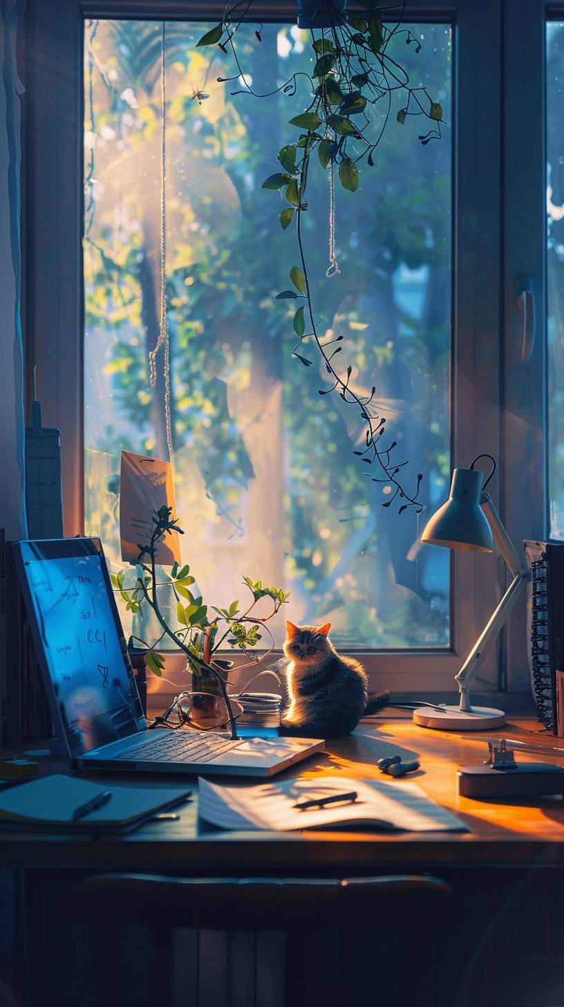 This is a photo of the scenery. It is a window with a light that closely resembles the real thing, and there is a cat on the desk. The pen on the diary moves on its own to write.