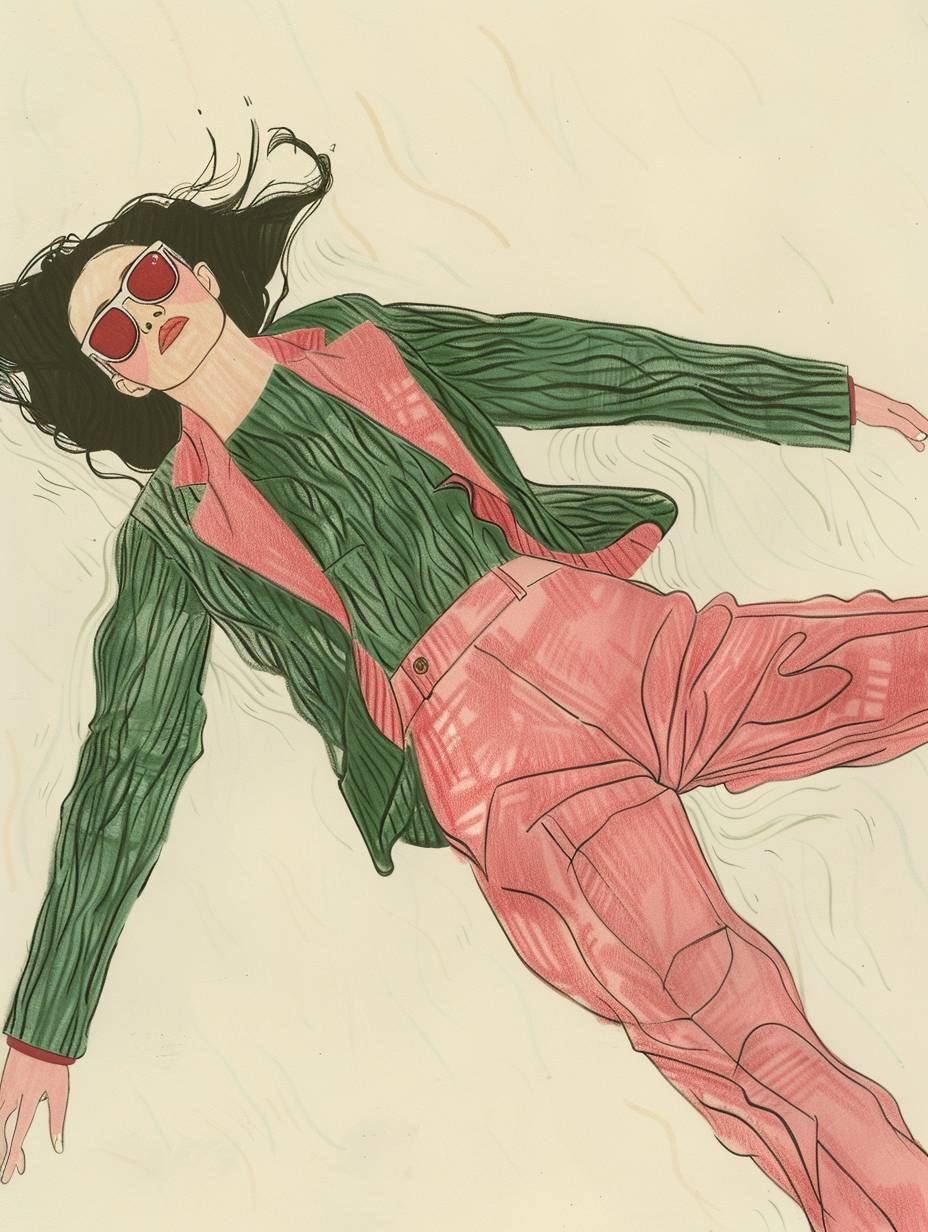 Maira Kalman combines color pencil, watercolor, and collage effects with lovely brushstrokes. The drawing depicts a pretty woman in a pink pantsuit with long sleeves lying on the ground wearing sunglasses. The montage is in the style of Surrealism with simple strokes, minimalist line sketching, and bold cartoon lines. It shows a green sweater jacket with simple details of the pattern.