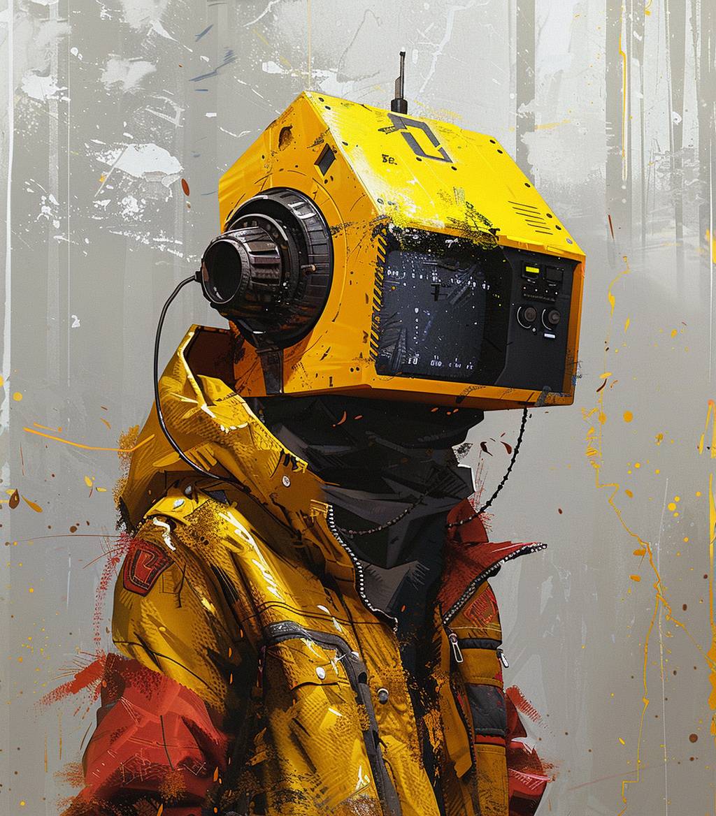 Create a character with a yellow radio-shaped head, embodying the essence of Radiohead. The character should have a modern, slightly dystopian style, dressed in eclectic and edgy clothing. The design should blend elements of surrealism and contemporary art, with the yellow radio head standing out as a focal point. Use a mix of dark and vibrant colors to create a visually engaging and unique image that captures the band's avant-garde spirit.