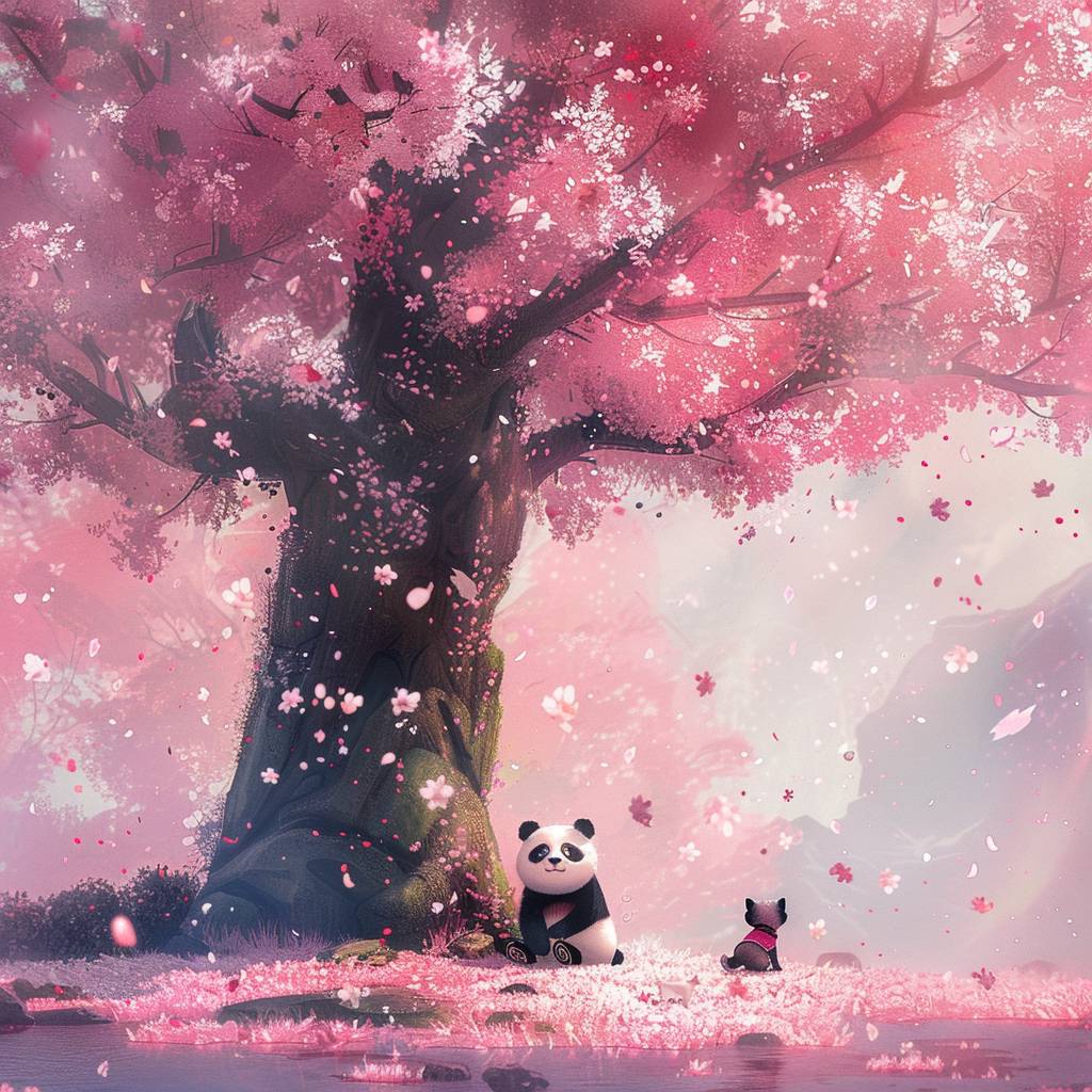 巨大な桜の木の下には、一匹の寂しい老いたパンダと犬と猫がおり、地面には桜の花びらが敷き詰められています。軽やかで春らしい雰囲気、美しい映画のような芸術的構図、シュールなスタイル、高品質、高精細、映画、ミニマリストな背景