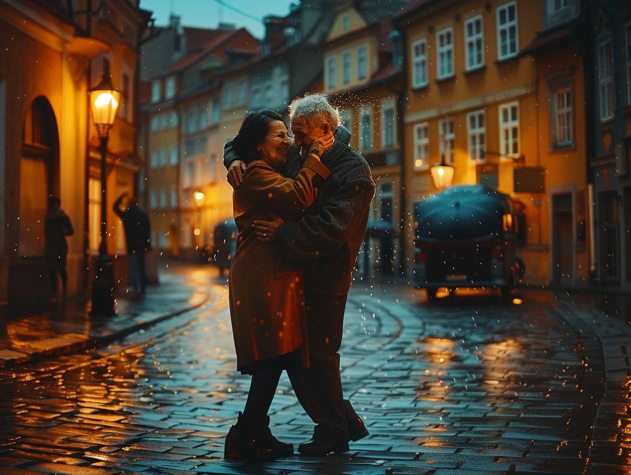 Elderly couple dancing in the rain. Joyful smiles. Holding each other close. Cobblestone street. Dusk. Old buildings, a street lamp casting a warm glow. Medium shot, waist up. Soft lighting, raindrops glistening in the light. Romantic ambiance.