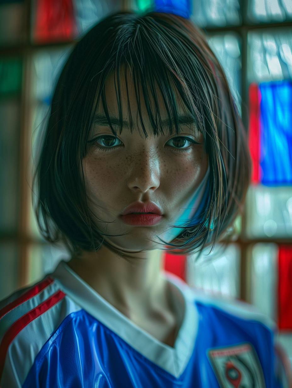 A young beautiful Japanese priestess with short blue hair, striking eyes, and pouty lips, white skin. The interplay of light and shadow. Dramatic composition. Shot in a solarium, sharp photography by Fuji XT-5, intricate details.
