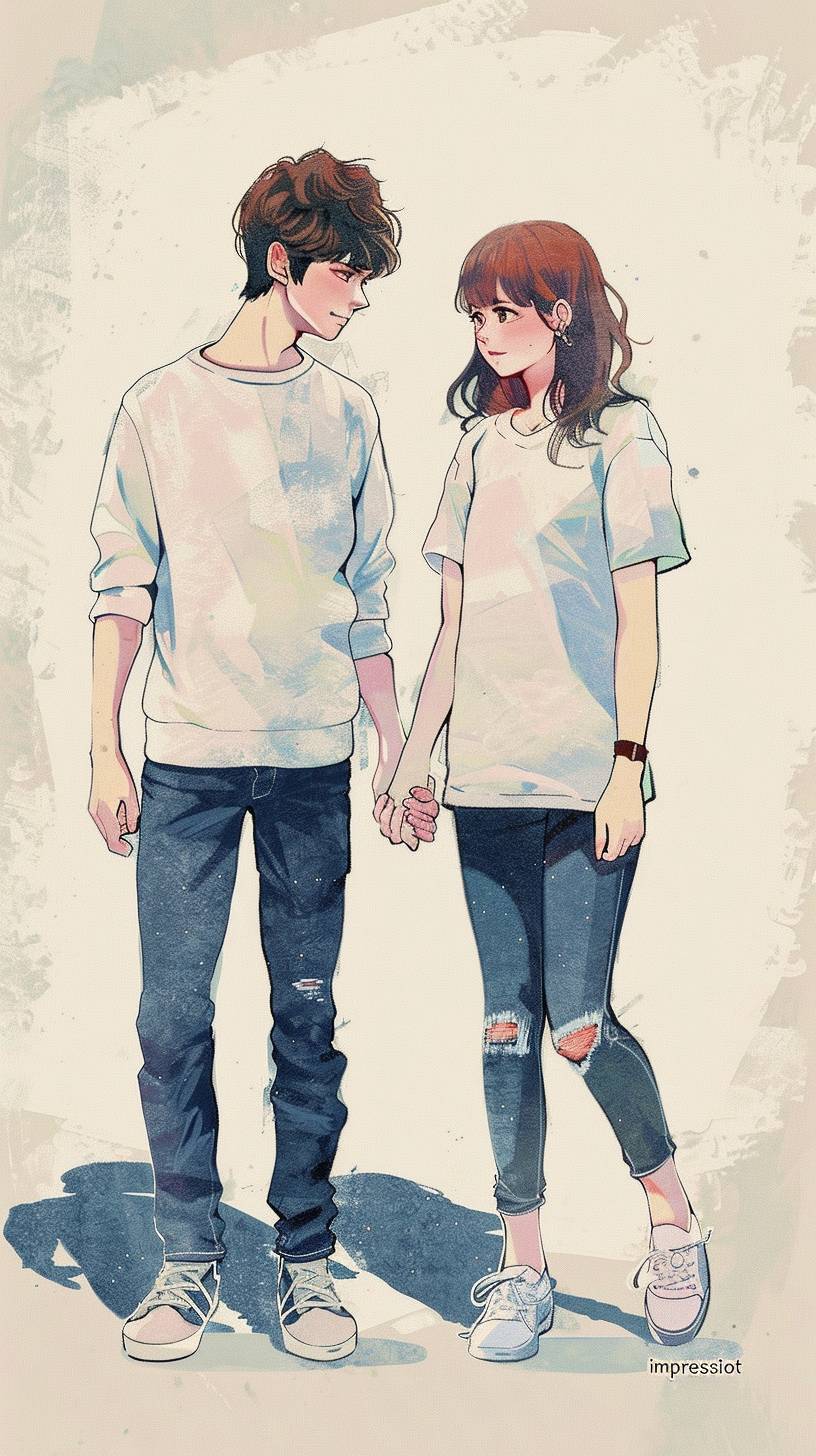 A young man and woman holding hands in a cute, simple illustration done in the style of Japanese anime. The colored pencil drawing has a soft color palette with a grey background and shows the full bodies of the subjects. It is done in an 'impressionist' style with high quality, high resolution, and high details. The art has high contrast, contour lighting, shadows, and a depth of field reminiscent of artstation trends. It has a sharp focus and is a 2D illustration with high detail, high resolution, and high definition.