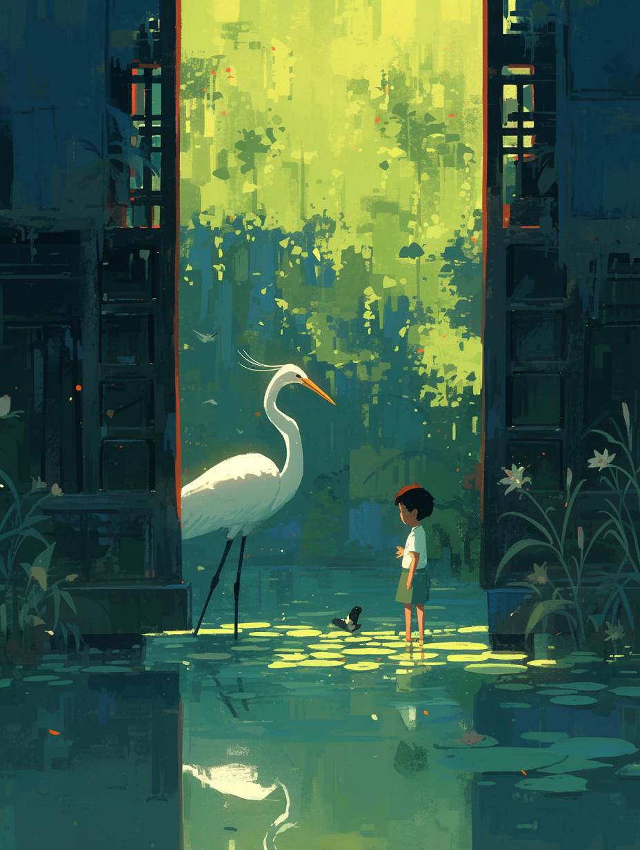 男の子が緑の水の中に立っており、その前には3つの大きなドアが開いており、中には異なる景色が広がっています。男の子の横に白鷺が立っています。宮崎駿の絵画スタイル、スタジオジブリ、映画の静止画、明るく輝かしい。