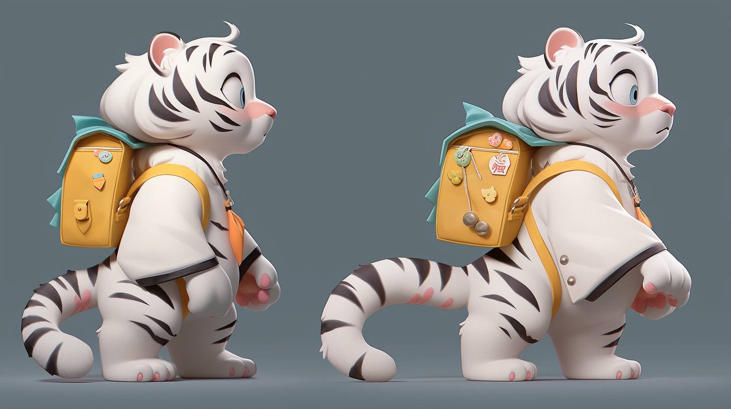 Full body, generate three views, namely the front view, the side view and the backview, A cute white tiger, jumping happily, wearing Overalls, wave to the camera, Bubble Mart style, clean and simple design, IP image, high-grade natural color matching, bright and harmonious, cute and colorful, detailed character design, behance, Shanghai style, Organic sculpture, C4D style, 3D animation style character design, cartoon realism, fun character setting, ray tracing, children's book illustration style