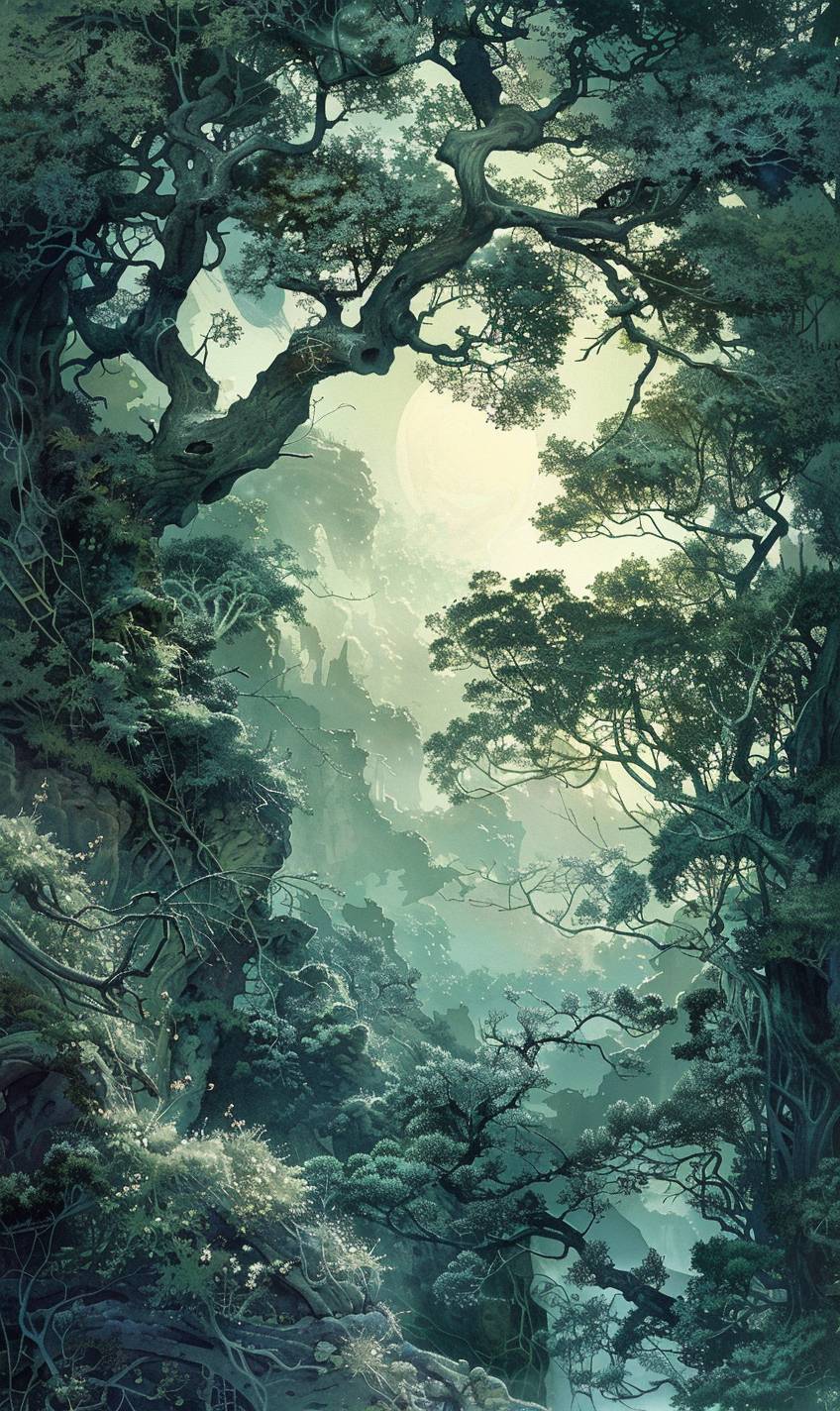 In the style of Akihiko Yoshida, Whispering winds in a mystical forest