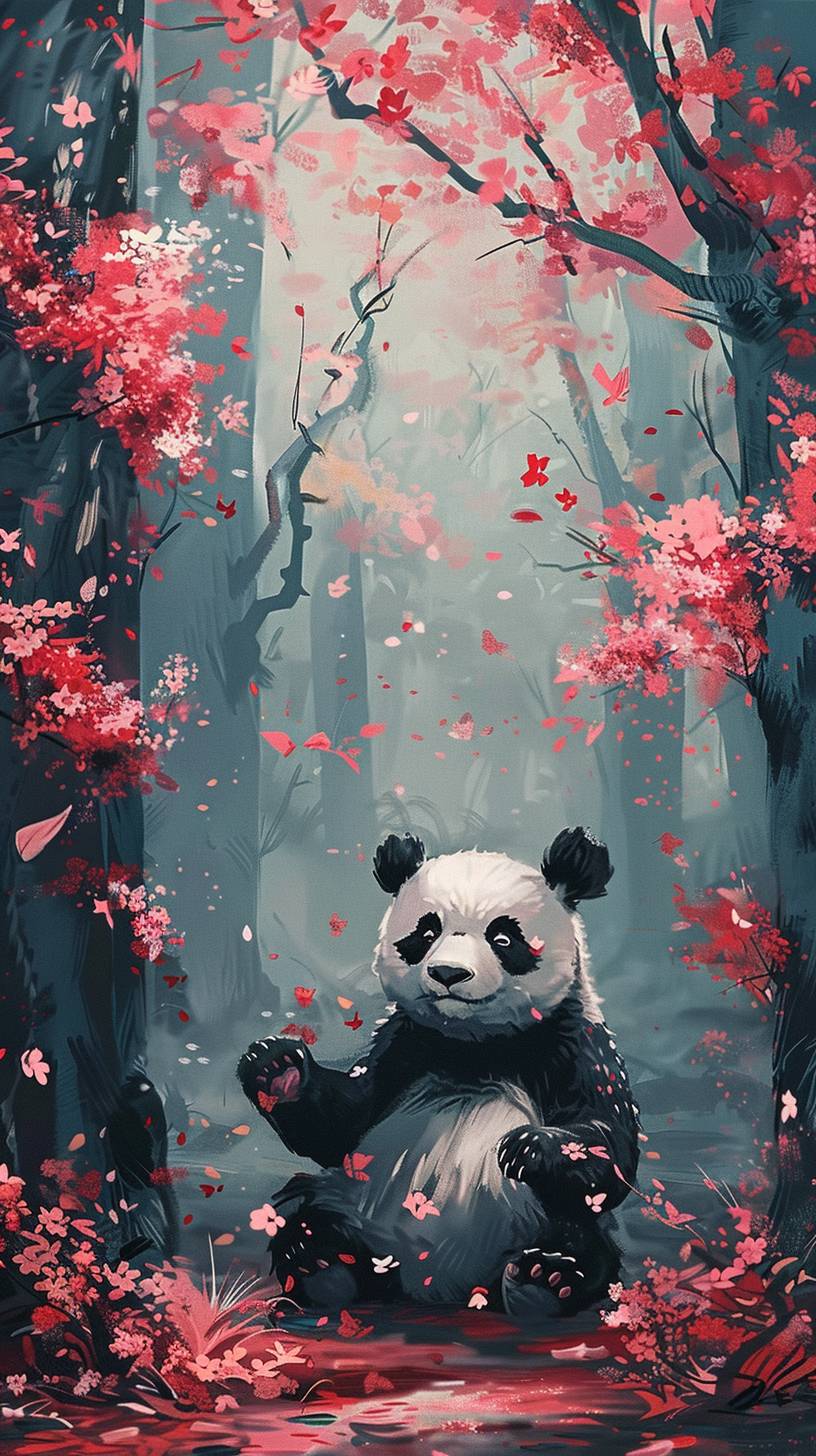 A happy panda in the style of Totoro, surrounded by a forest of cherry blossom trees