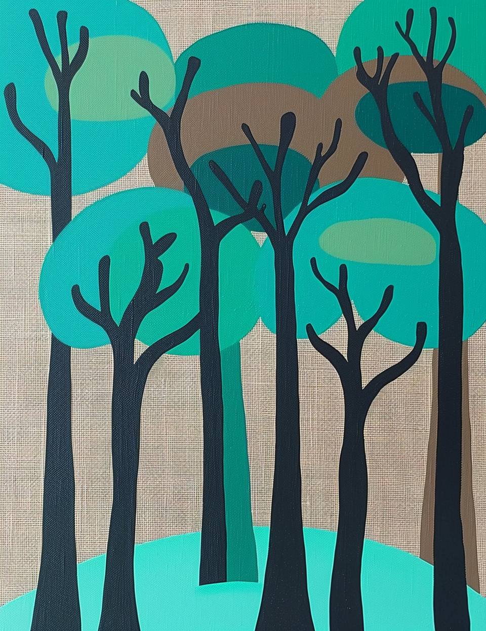 A simple painting of tall trees in the style of mid century modern, with aqua green and brown tones, simple shapes, on a burlap background.