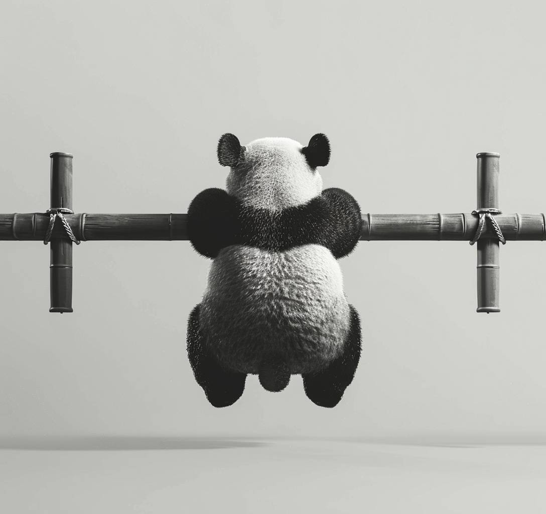 Back view, panda's back, panda sculpture hanging from a horizontal bamboo pole with its back to the camera hands, black and white colour scheme, geometric, minimalist design, simple shapes, 3D model, realistic physics engine, realistic -ar 31:29 -iw 1.5 -v 6.0