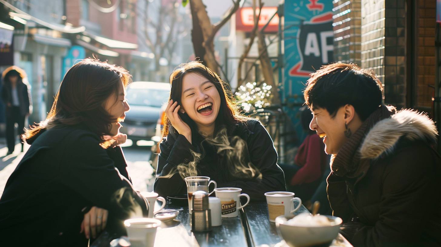 Three friends sharing a laugh. Joy and friendship. Outdoor café. Seoul's Hongdae district. Daytime in 2015. Street art, a passing Hyundai Genesis, other customers. Medium shot, waist up. Captured with a Canon EOS 5D Mark III, Kodak Portra 400 film. Bright sunlight, steam rising from the coffee cups, high contrast.