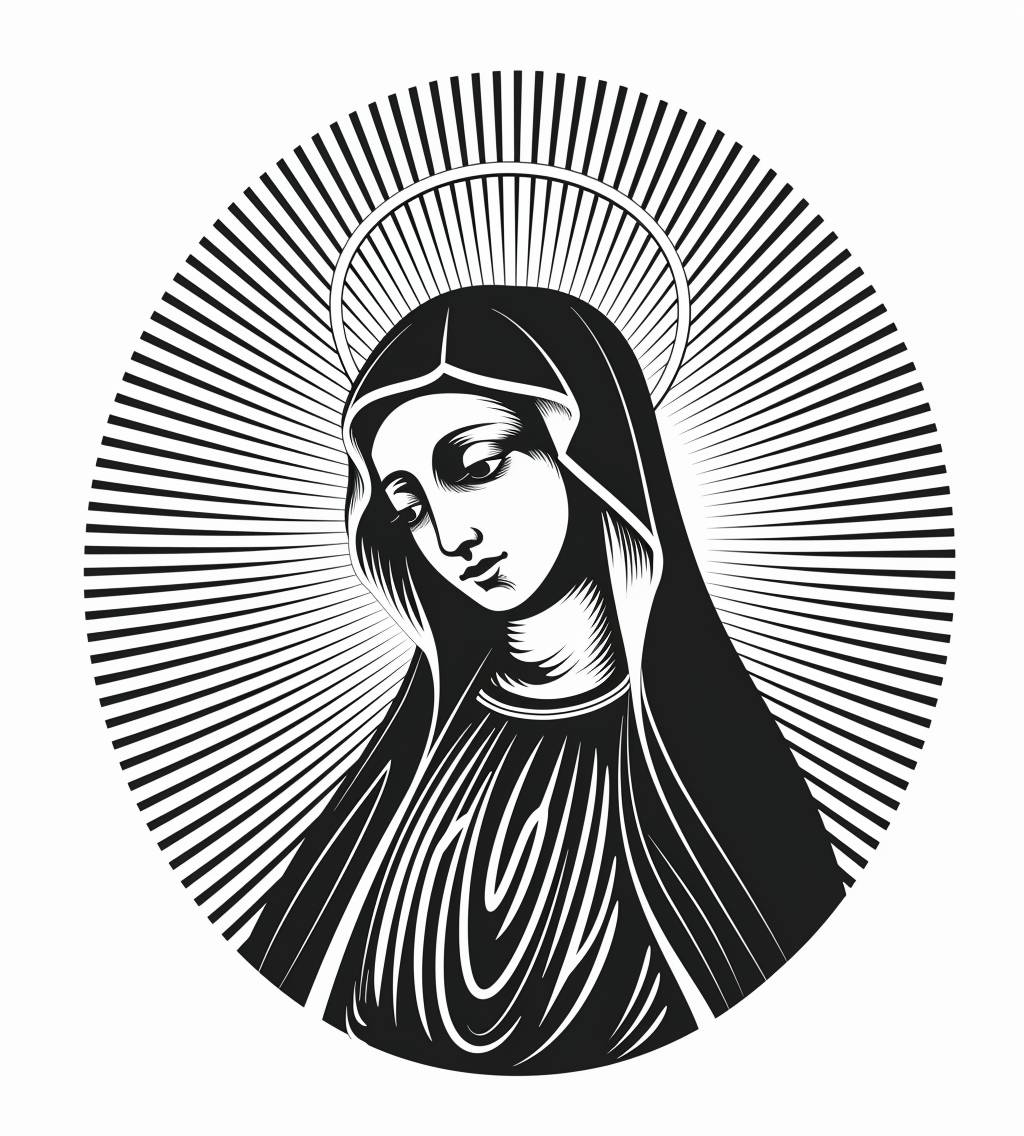 Black and white line art, clipart of Mary in the center with sun behind her, simple design, bold lines, white background, icon style