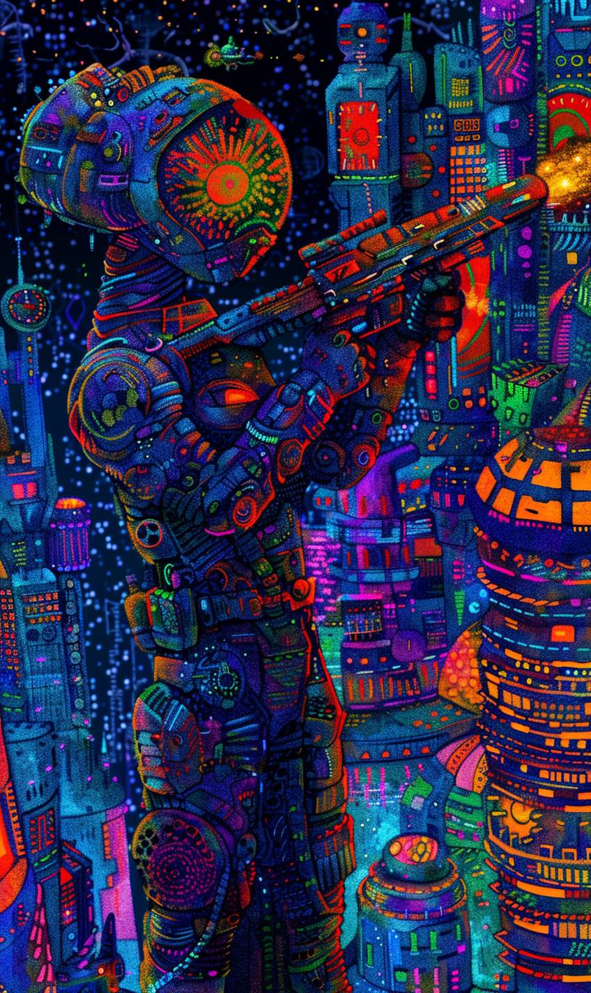 スリックな鎧を身に纏った未来の女性戦士、プラズマライフルを携え、飛行する乗り物とそびえ立つ摩天楼の街並みの背景