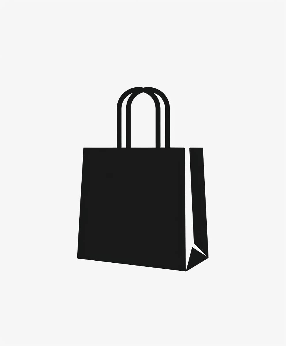 Shopping bag icon, black and white color, built with large geometric shapes, Isotype, minimalist, simple, flat design, 2D